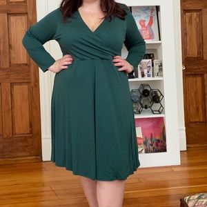 Forest green long sleeve faux wrap dress